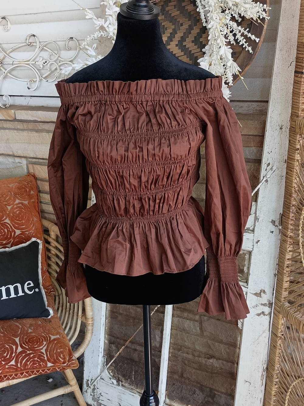 House of Harlow 1960 Brown Off-Shoulder Smocked Peplum Blouse_M